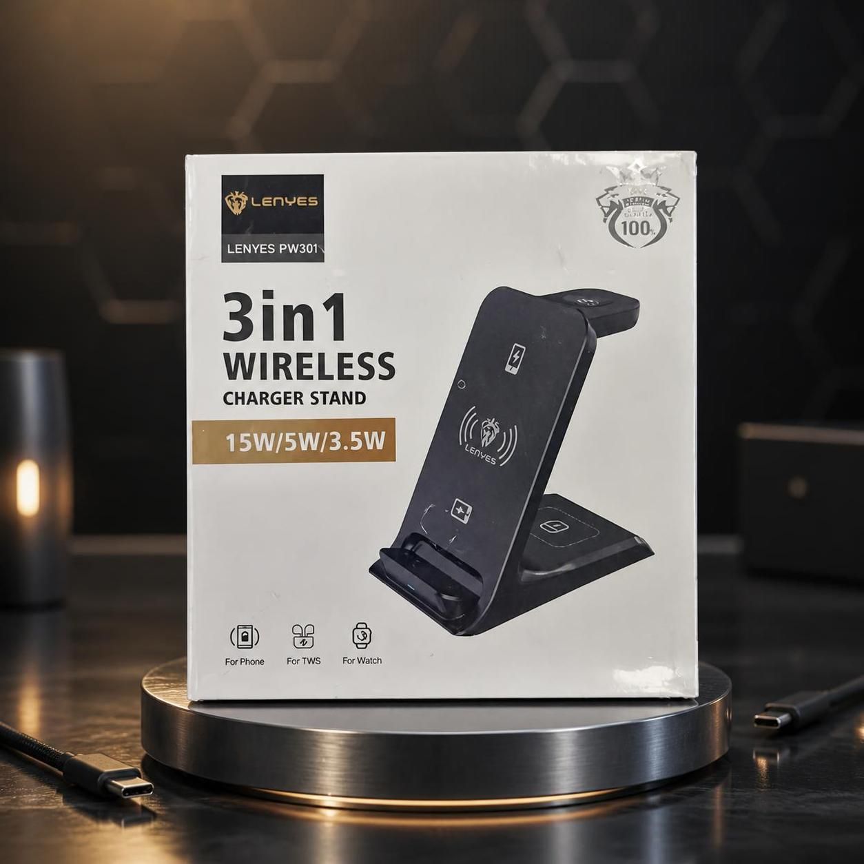 پايه نگهدارنده و شارژ بی سیم روميزي لنیز مدل PW301 توان شارژ 15 وات